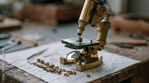 antique microscope on a restoration bench mid-disassembly, brass barrel components laid in order on a surgical pad while a conservator photographs each part with a macro setup
