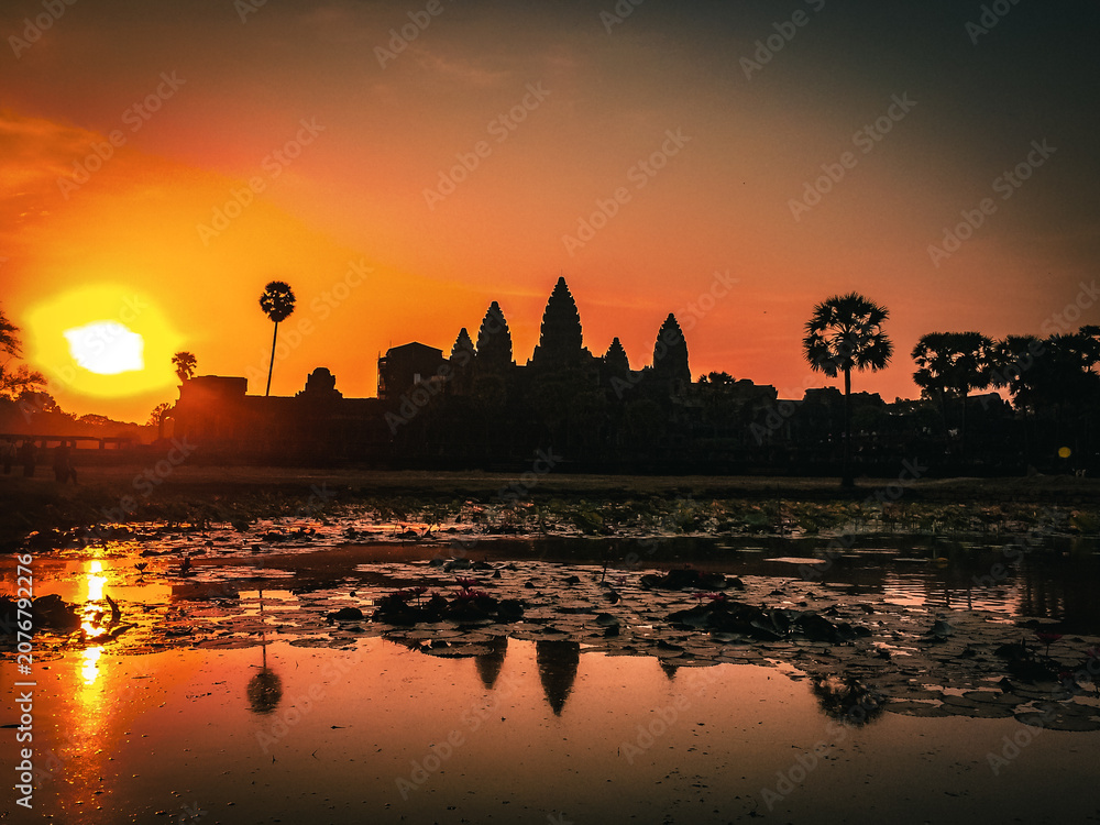 Fototapeta premium Angkor Wat temple silhouette at sunrise in Siem Reap Cambodia