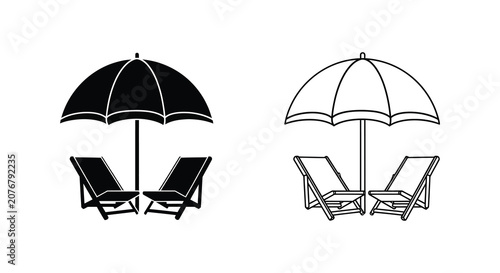 Tableau sur toile Beach chairs and umbrella silhouette black white