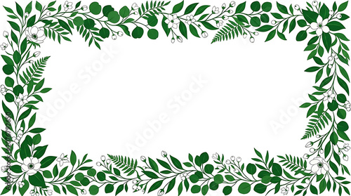 Beautiful green floral border frame with white flowers and leaves