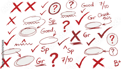 Quadro su tela Red pen grading marks corrections grammar spelling checks vector collage
