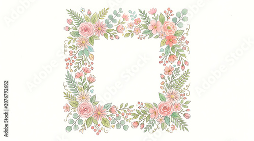 Beautiful floral frame with pink roses and green leaves for wedding or greeting card