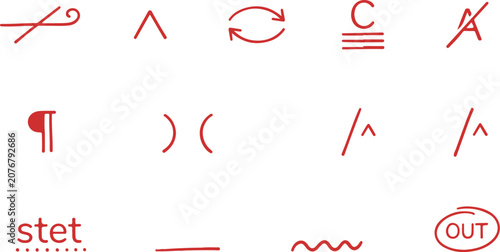 Obraz na płótnie Red proofreading marks editing symbols and grammar correction handwritten vector