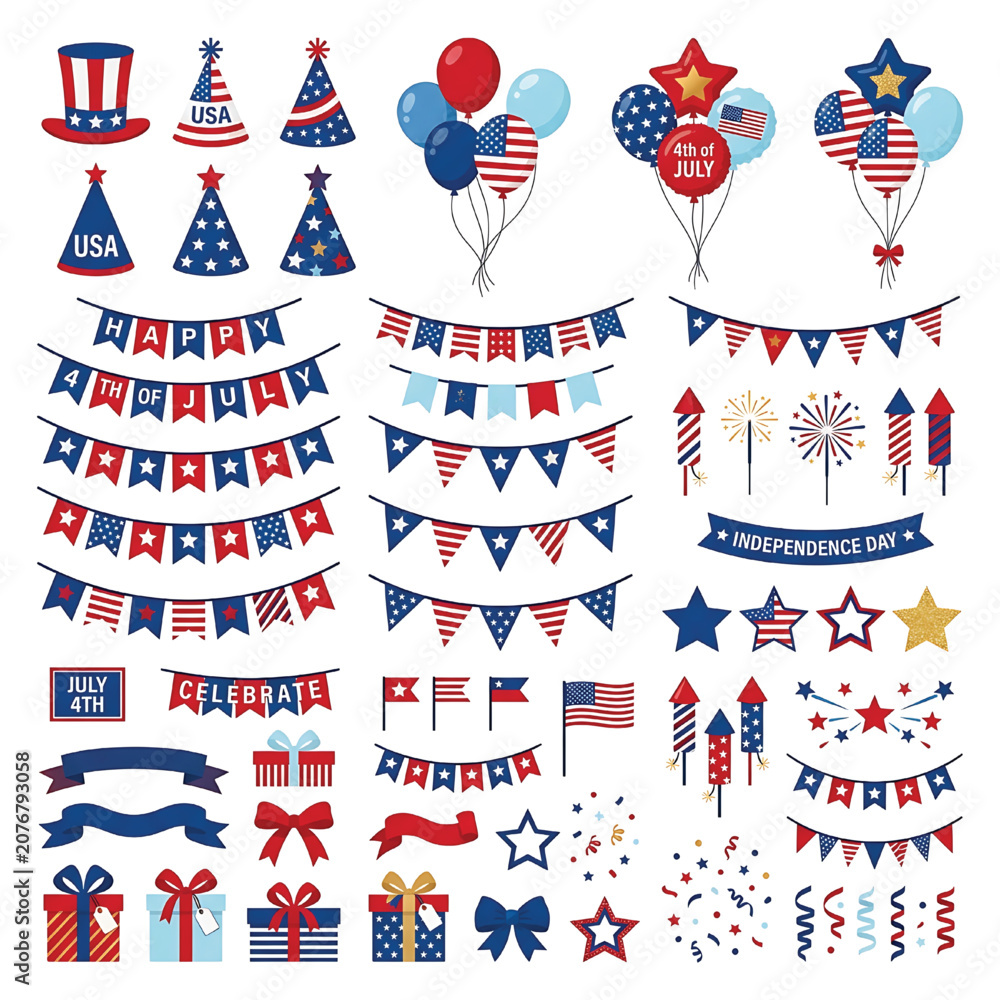 Fototapeta premium USA Independence Day Party Decoration Elements Collection with American Flag Vector Set