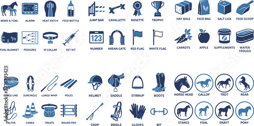Bild auf Leinwand Editorial set of blue equestrian icons featuring riding equipment, stable tools,