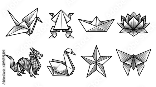 Vector illustration set of hand-drawn origami figures including crane, dragon, swan, lotus, and butterfly in a black and white engraving style