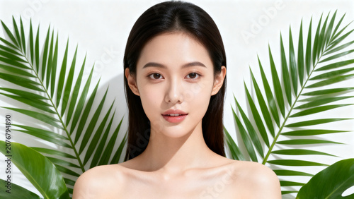 Young woman chest to belly portrait, glowing skin, soft pink lips, white background, flat lighting, skincare campaign photo.