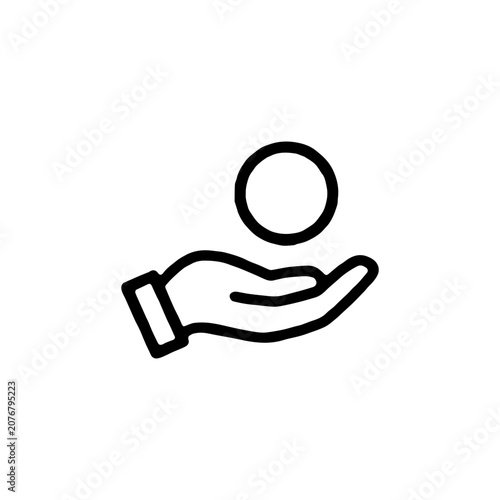 hand with coin line icon. pension fund payment, financial budget income, investment return and profit revenue gain minimal vector illustration. simple outline sign. editable stroke.