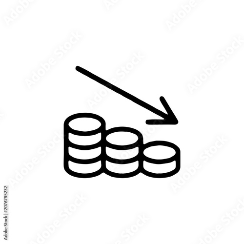 decreasing coins line icon. financial loss graph, budget deficit, economic decline, pension fund reduction and money inflation minimal vector illustration. simple sign. editable stroke.