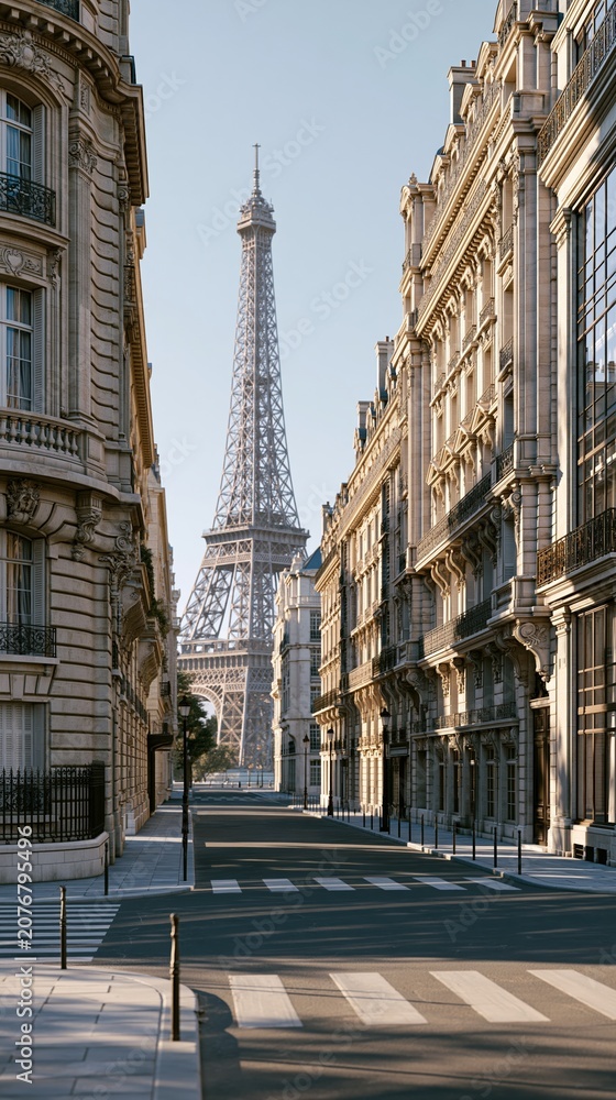 Obraz premium Paris France Europe lifestyle. A vivid portrayal of a Parisian street scene features the iconic Eiffel Tower in the background. The street is lined with classic Europeanstyle buildings.