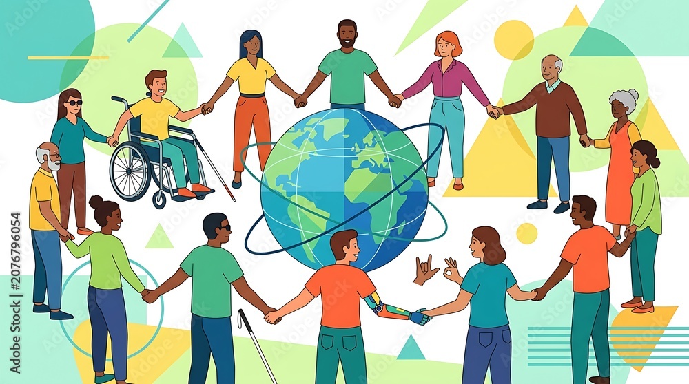 Fototapeta premium Diverse people holding hands around a globe symbolizing unity and inclusivity