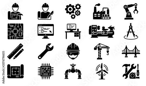 Tableau sur toile Civil engineering mechanical manufacturing and technical drafting icons collecti