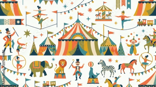 Fun illustration of many circus acts with entertainers and animals under striped tents