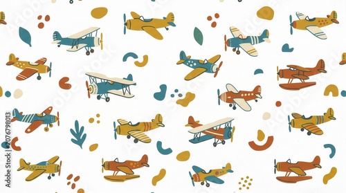 Various stylized airplanes in yellow blue and orange repeat as a charming pattern on white