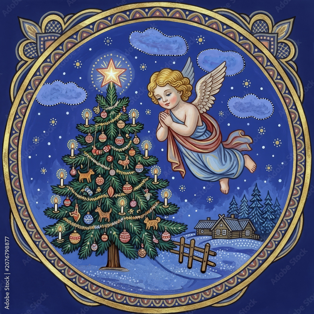 Obraz premium Christmas card. Beautiful round composition with an angel flying next to a glowing christmas tree decorated with candles and toys against a starry winter night sky and small village.