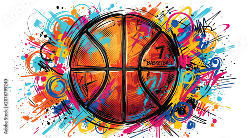 Vibrant vector illustration of a basketball featuring dynamic colorful paint splashes and artistic street graffiti style