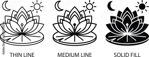 Foto Lotus flower icons in thin line, medium line, and solid fill styles