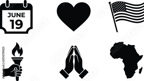 Photos Juneteenth icons with heart, hands, torch, calendar, flag, and africa map