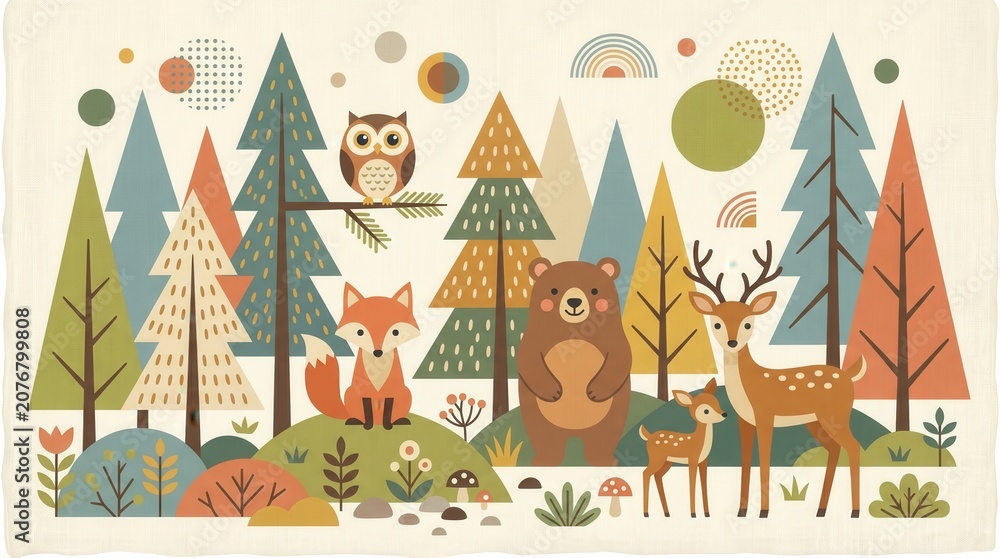 Naklejka premium An owl, fox, bear, and deer family gather in a vibrant, stylized forest landscape
