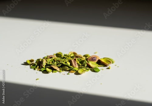 Vibrant green fragments of shelled pistachios scattered across a clean, bright white tabletop, highlighting texture and color contrast, green, dessert, healthy