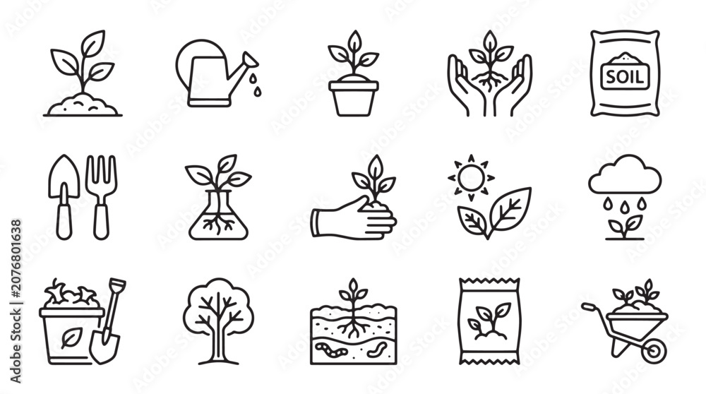 Fototapeta premium Gardening icons, plant symbols, gardening tools, 16 line icons