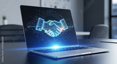 Hands shaking virtually over glowing handshake icon on laptop symbolizing trust, partnership, and successful B2B agreements.