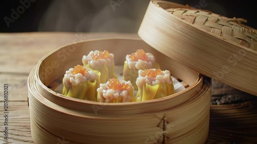 Close-Up Shot of Bamboo Steamer Basket Opening to Reveal Delicious Dim Sum Siu Mai with Vibrant Colors and Rising Steam for Asian Culinary Presentation