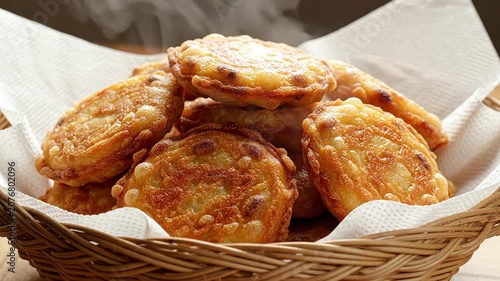 Close-Up Shot Of Golden-Brown Akara Bean Cakes Piled In A Wicker Basket With Rising Steam Showcasing Their Crispy Texture And Delicious Appeal