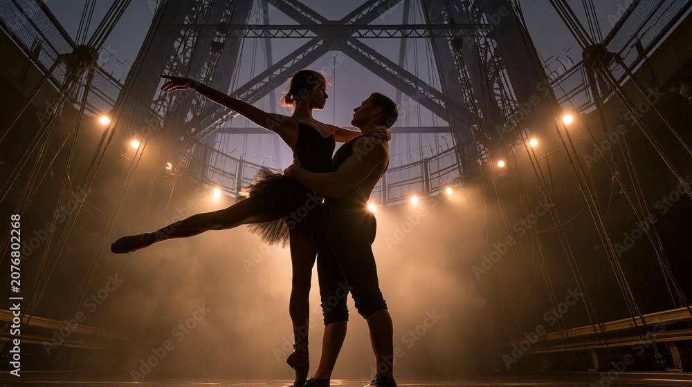 Naklejka premium Ballet dancers perform a romantic pas de deux under dramatic stage lights