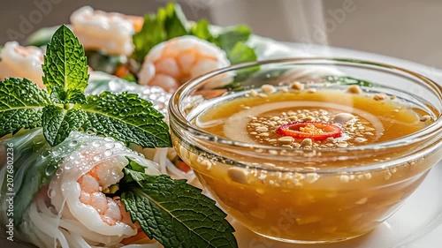 Close-Up Shot Of Vietnamese Gi Cuon Summer Rolls With Shrimp And Mint Served With Sweet Chili Dipping Sauce On A Softly Lit Background