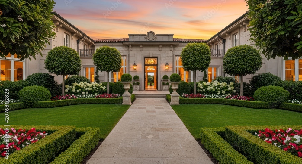 Obraz premium Luxurious Mansion Estate with Manicured Gardens and Dramatic Sunset Sky.
