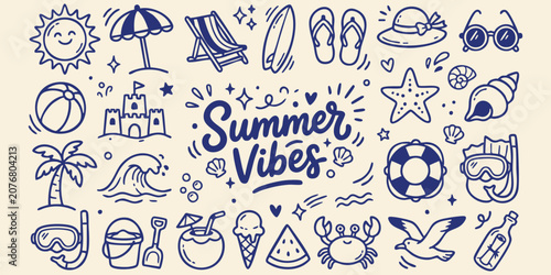 Schilderij op canvas Summer vibes doodles with beach elements and vacation icons on a light backgroun