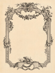 Vintage baroque border frame on old paper texture background. Antique engraving rococo engraving template with rose flower garland, fruit ornament and blank copy space for classic book layout.