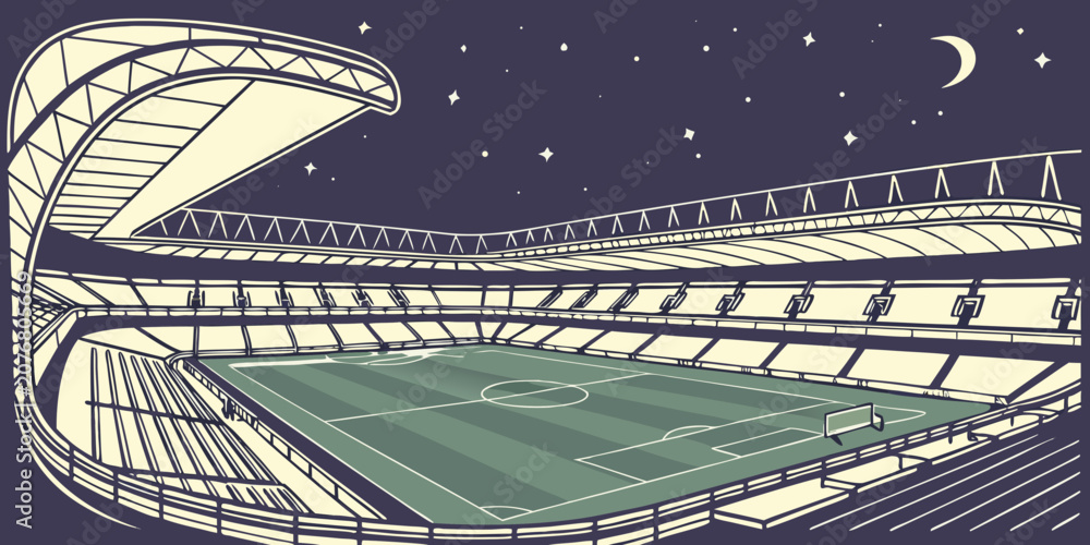 Fototapeta premium Modern football stadium with empty seating and grass field, vector