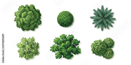 Foto Set of green trees and bushes seen from above for landscape design and architect