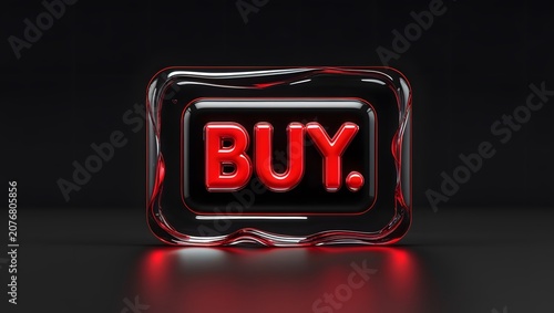 Red Glass Buy Button with Neon Red Text on Black Background