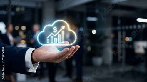 Cloud Financial Analytics and Business Growth Concept with Revenue Dashboard, Profit Increase and Digital Cloud Computing Icon
