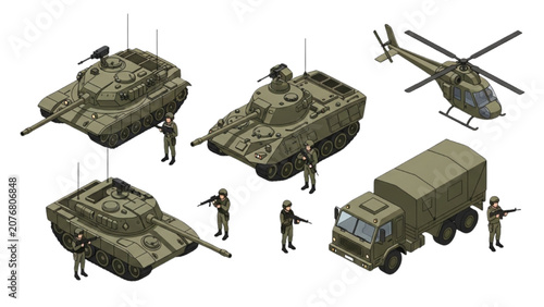 Photography Military vehicles and soldiers are preparing for battle in a field