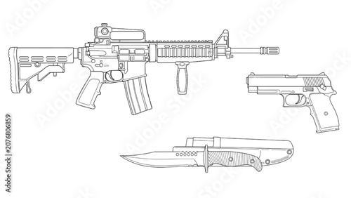 Obraz na plátně An illustration depicts a rifle, a handgun, and a pocket knife side by side