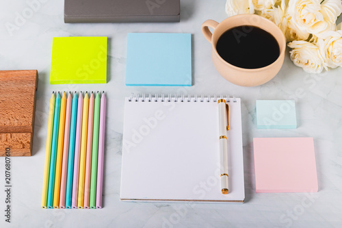 Принти на полотні Colorful desk with stationery in trinket design style