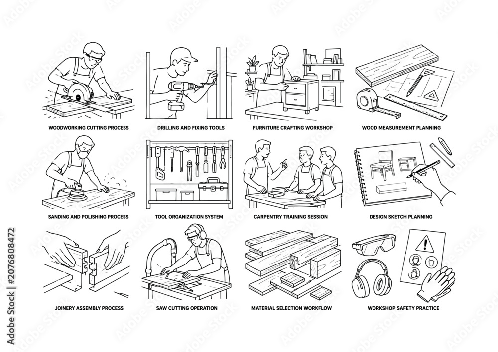 Fototapeta premium Minimalist Carpentry Workshop Tools. 12 scenes: woodworking cutting process, drilling and fixing tools, furniture crafting workshop, wood measurement planning, sanding and polishing process, tool