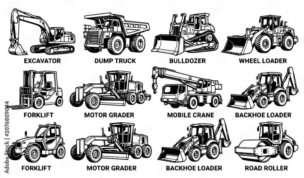 Obraz premium Heavy construction machinery vector set with excavator bulldozer forklift and earthmoving equipment isolated on white