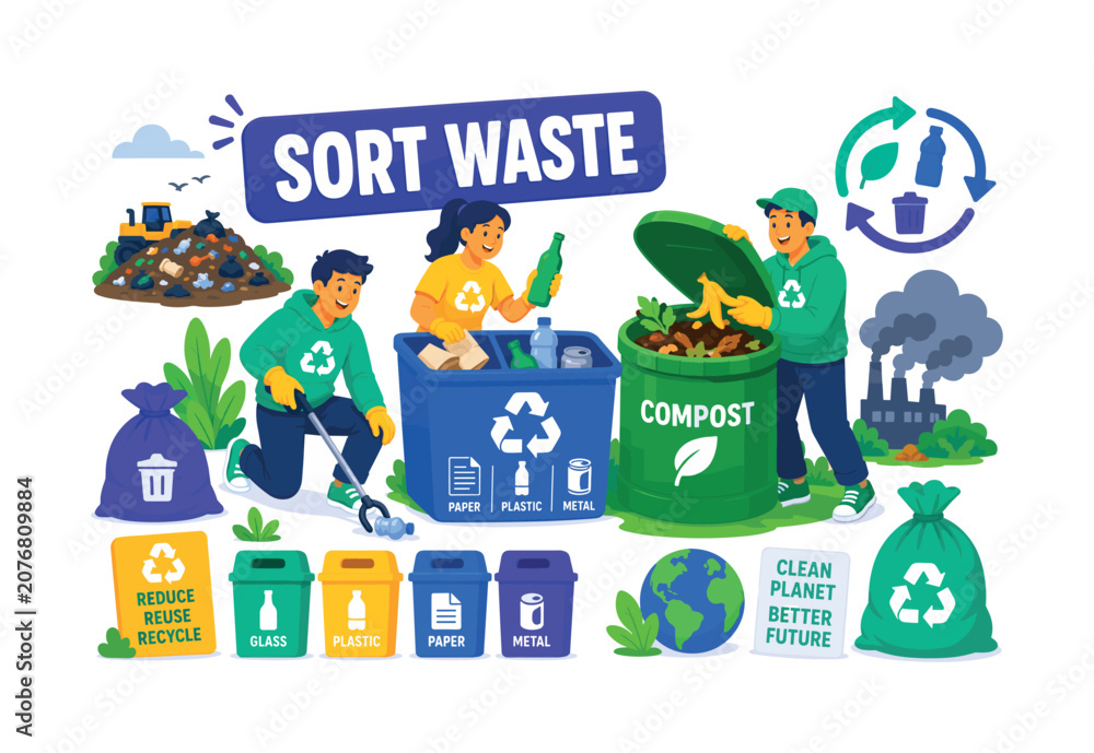 Naklejka premium Waste Recycling Management Banner with 3 expressive stylized human characters sorting an oversized recycling bin and giant compost container, small trash bag, litter picker, landfill mound, pollution