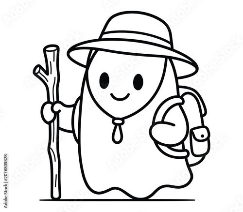 Cute cartoon ghost hiker character with a backpack and walking stick isolated on white background