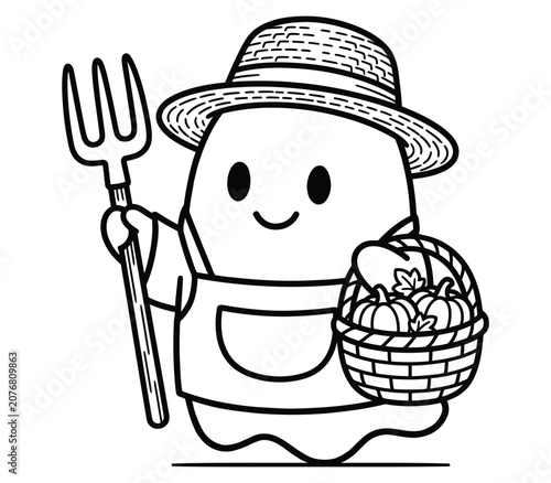 Canvastavla Cute ghost farmer character wearing a straw hat and apron holding a pitchfork an