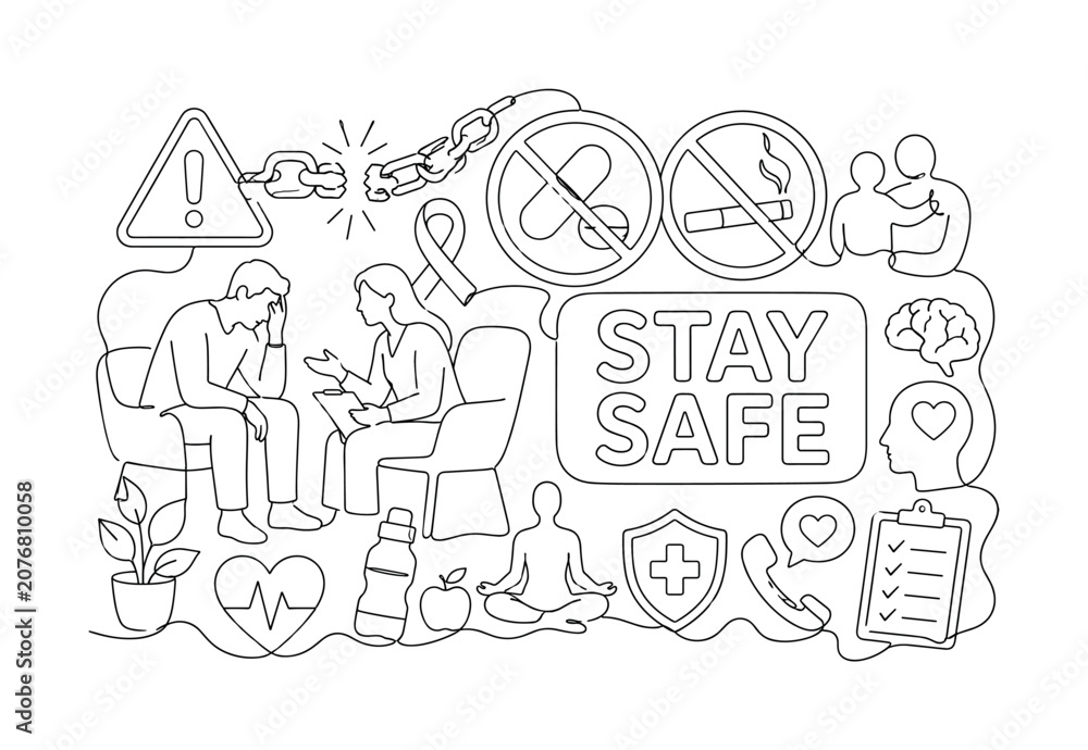 Fototapeta premium Addiction Awareness Health Icons. Clean one-line drawing composition with warning symbol, broken chain, counseling scene across canvas, 2?3 characters, oversized pill and cigarette crossed out, small