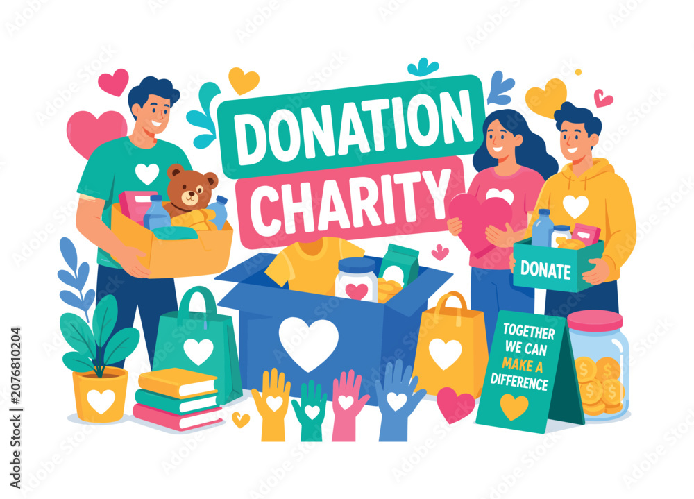 Naklejka premium Donation Charity Icons Banner Donation Charity Icons vector banner illustration charity donation help volunteer community support giving scene 2?3 characters donating resources edge-to-edge