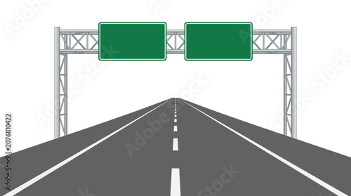 Blank green highway signs mounted on a metal overhead gantry frame in this vector illustration