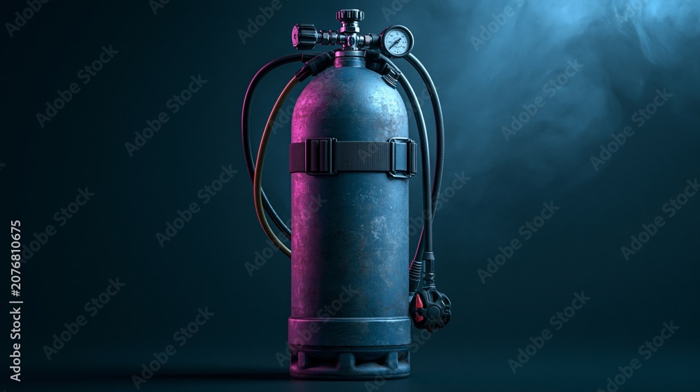 Obraz premium Scuba Diving Oxygen Tank Stands Alone on Dark Navy Background With Dramatic Studio Lighting