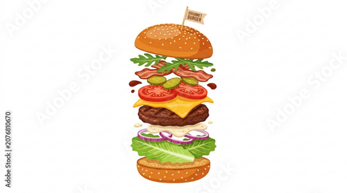 Bilde på lerret Gourmet burger ingredients stacked vertically